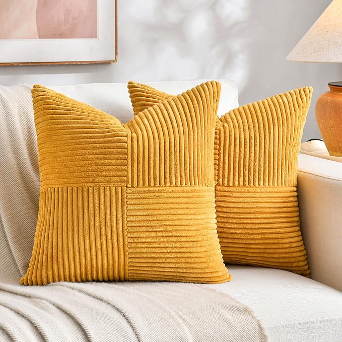 Fancy Homi Gold Yellow Decorative Throw Pillow Covers 26x26 Inch for Living Room Couch Bed, Boho Farmhouse Fall Home Decor, Soft Corss Corduroy Patchwork Textured Cushion Case 66x66 cm