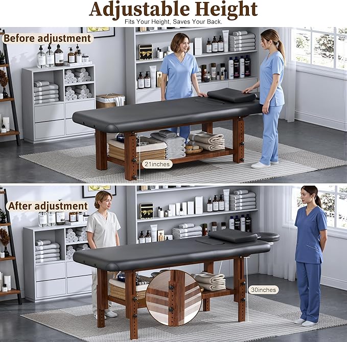 Olela Wood Adjustable Massage Table, Stationary Massage Tables with Adjustable Height Legs & Storage, Esthetician Bed with C-Shaped Pillow & PU Leather for Spa, Massage, Physical Therapy, Treatment