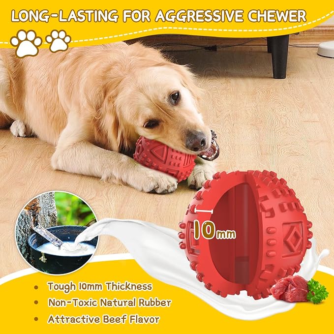 Dog Balls Treat Dispensing Dog Toys for Aggressive Chewers Large Breed-Red | Nearly Indestructible Squeaky Puppy Chew Toys for LargeBreeds, Natural Rubber Doggie Puzzle Toys, Pet Treat Ball