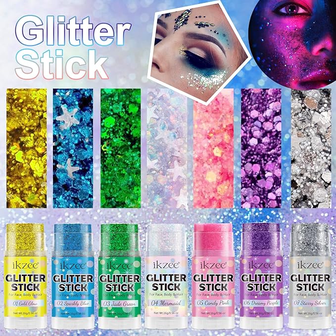 Pink Glitter Stick for Hair, Face & Body, Waterproof Chunky Glitter Makeup Gel for Singer Concert, Music Rave Festival, Non-Greasy & Long Lasting Face Glitter for Women & Men