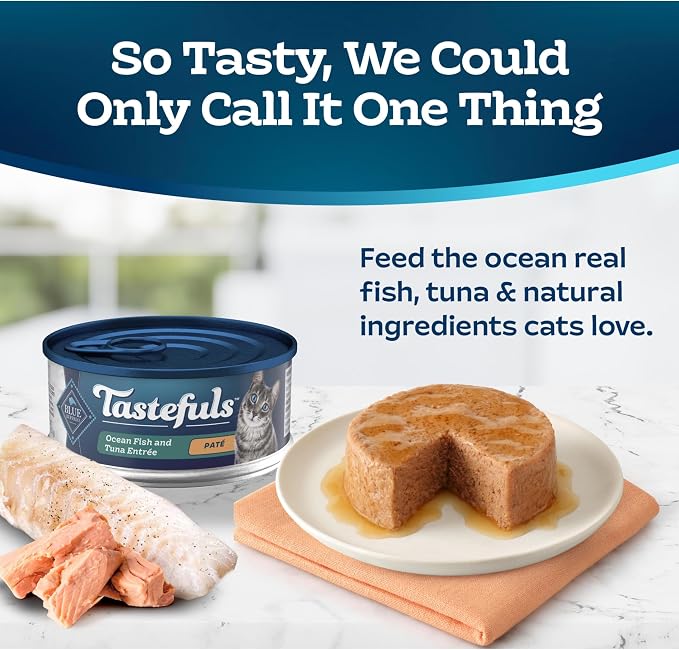 Blue Buffalo Tastefuls Wet Cat Food Paté,Made with Natural Ingredients,Ocean Fish and Tuna Entrée,5.5-oz Cans,(Pack of 48)