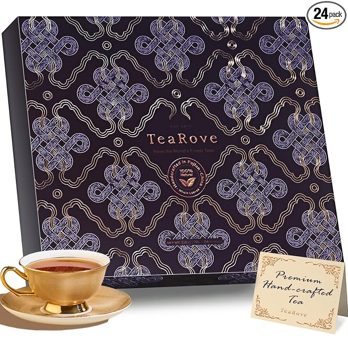 TeaRove Fancy Tea Gift Set with Gold-Foil Presentation Box, 24 Assorted Variety Pyramid Infuser Bags, 6 Flavors Handcrafted Black, Oolong, Jasmine Green, Herbal Chinese Tea Sampler Gift Set Box for Tea Lovers