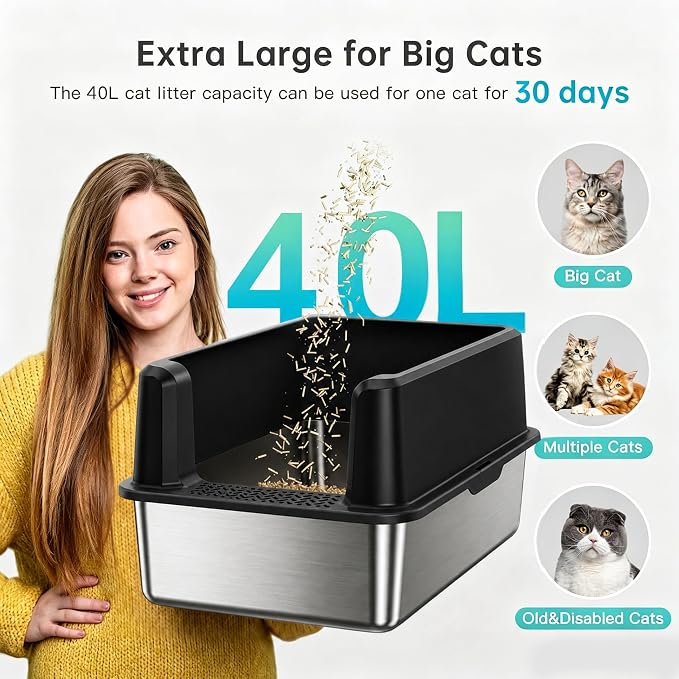 WoofiGo XL Stainless Steel Litter Box, High Sided Litter Pan for Big Cats | XL for Big Cats, Anti-Urine Leakage, Non-Stick Odor-Free, Easy Clean, High Sides Block Spray, Reduce Litter Tracking, Durable