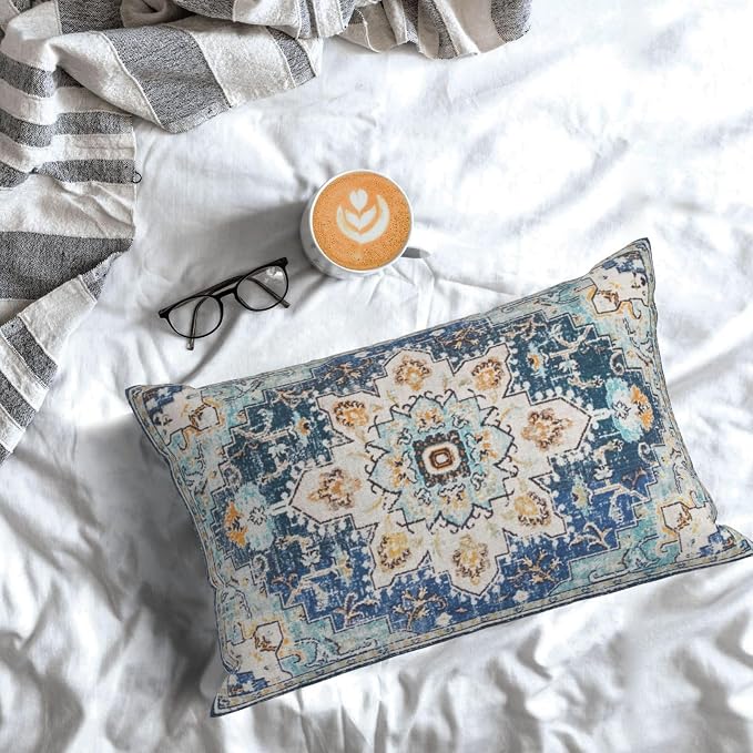 AEIOAE Boho Pillow Covers 12x20 Inch Set of 2,Carpet Pattern Throw Pillows Case,Blue Yellow Ethnic Design Outdoor Decorative Square Linen Farmhouse Decor Cushion Covers for Home Sofa Bed Couch