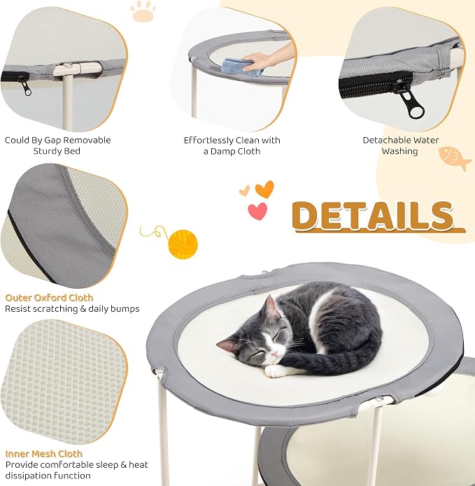 Erinnyees 2-Tier Elevated Cat Hammock Bed, Breathable Oxford for Multi-Cat Households, with Removable Washable Mesh, Sturdy Triangular Base & Steel Frame, Mesh Pet Furniture for Indoor & Outdoor Use