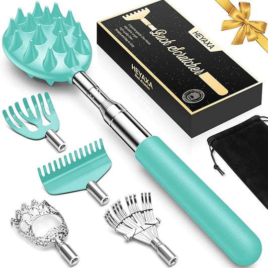 Upgraded Reinforced Telescoping Back Scratcher with 5 Detachable Heads, Larger Scratching Tips, Stocking Stuffer & White Elephant Gifts for for Men Women Adults