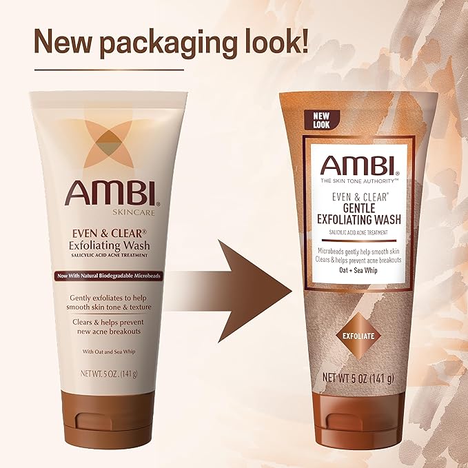 Ambi Even & Clear Gentle Exfoliating Wash with Oat and Sea Whip,Salicylic Acid Acne Treatment,Helps Clear & Prevent Breakouts,Exfoliates to Help Smooth Skin Tone-& Texture,5 Ounce,(Pack of 2)