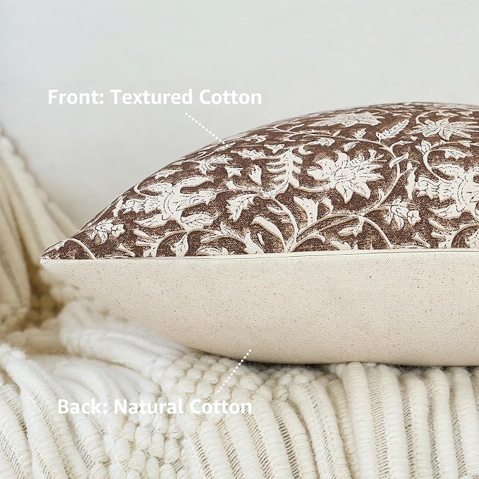 FIOUOVO Floral Throw Pillow Covers 18x18 Farmhouse Block Print Pillow Covers Decorative Pillow Covers Couch Pillows for Living Room Vintage Accent Sofa Pillows Set of 2, Brown