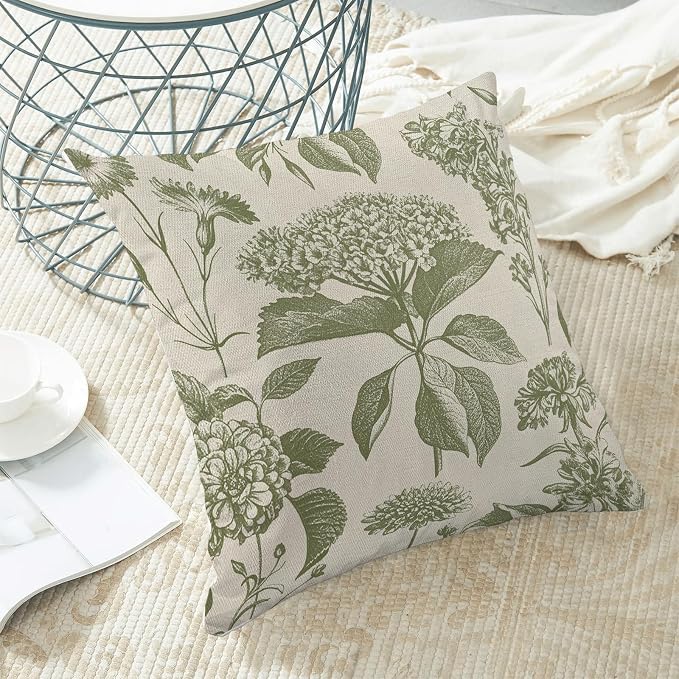 Floral Pillow Covers 16x16 Set of 2 Vintage Sage Green Hydrangea Herbs Botanical Throw Pillow Cover Outdoor Decoration Boho Flower Pillowcase Farmhouse Decorative Cushion Case for Couch Sofa