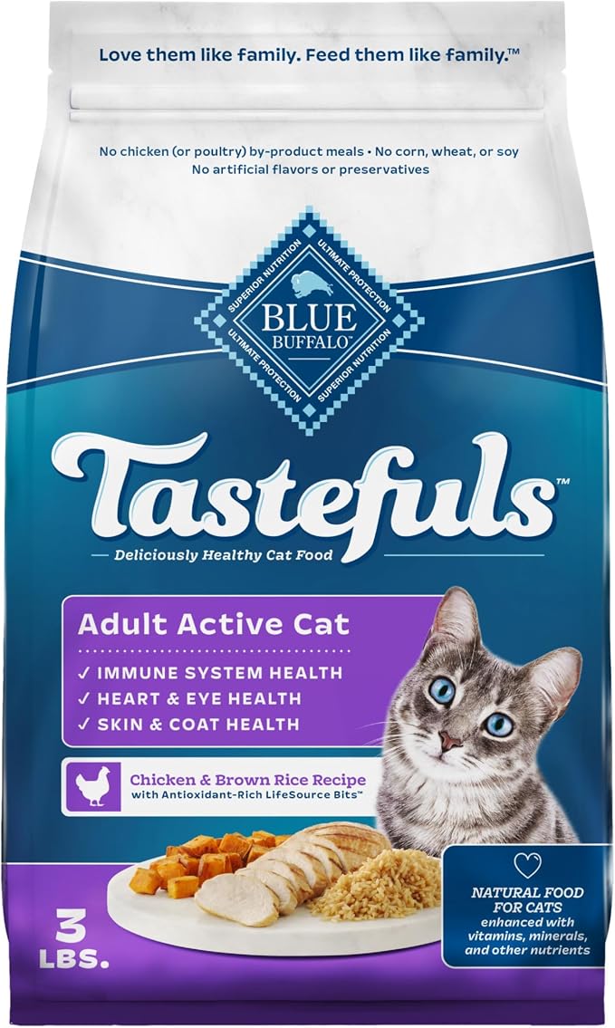Blue Buffalo Tastefuls Chicken & Brown Rice Active Dry Cat Food, 3 lb | Chicken & Brown Rice Recipe, Antioxidant-Rich LifeSource Bits, No Corn, Wheat, or Soy