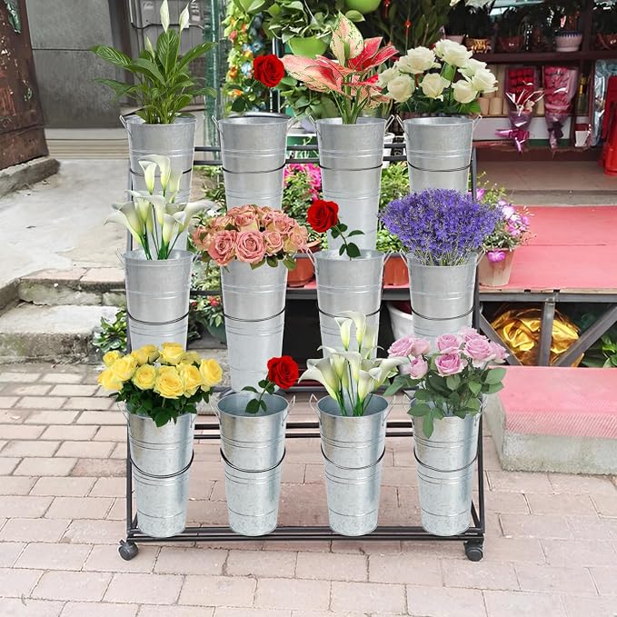 Notakia 10.62 Inch Galvanized Metal Vases Farmhouse French Flower Bucket Vases for Cut Flowers for Home Decor and Wedding Table Centerpiece Decorations (Medium Silver 4Pcs)