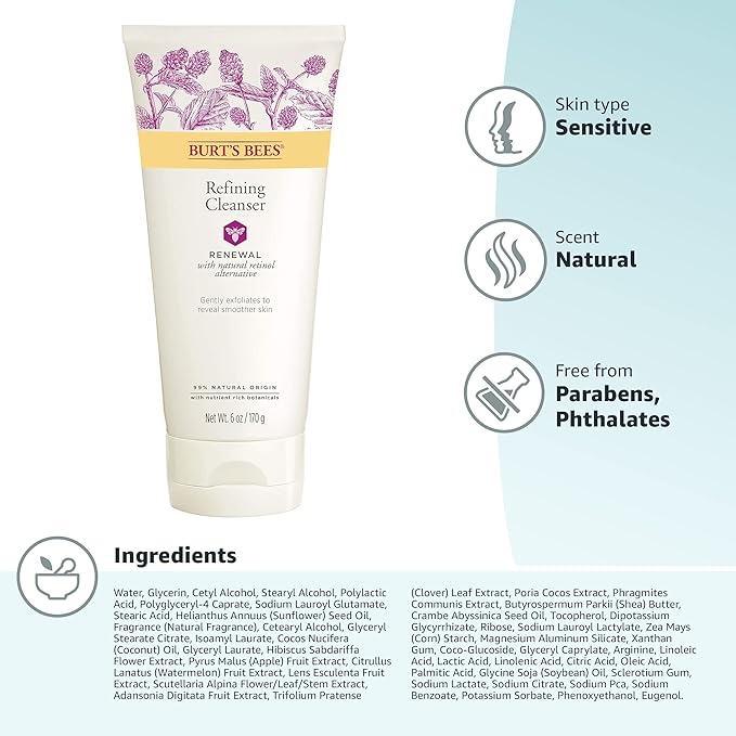 Burt's Bees Renewal Refining Cleanser with Bakuchiol Natural Retinol Alternative,6 Oz (Package May Vary),(Pack of 2)