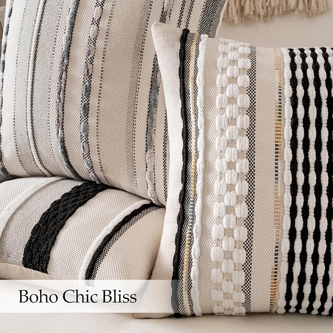ANRODUO Boho Decorative Throw Pillow Covers Gray Stripe 18x18 Pack of 2 | Throw Pillow Covers, Farmhouse Cushion Case, Chenille Pillow Cases, Pillow Covers, Accent Neutral Pillowcase for Sofa Couch