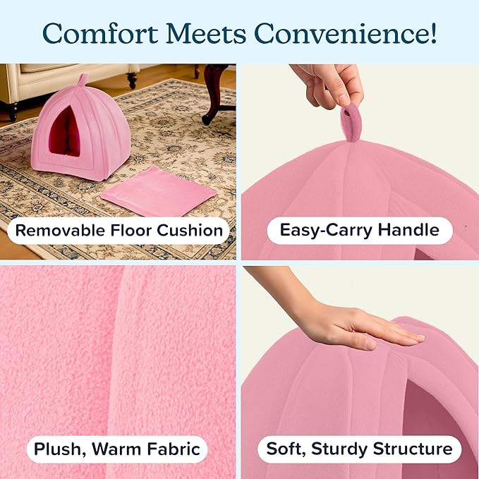 PETMAKER Cat House Indoor Bed with Removable Foam Cushion, Pink | Plush Cat Tent Bed for Small Kittens, Rabbits, Guinea Pigs, and Other Small Animals, Comfortable Cozy Pet Hideaway
