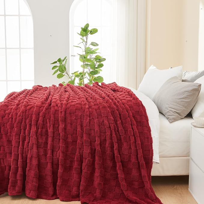 NEWCOSPLAY 3D Checkered Flannel Twin Blanket, Red Checkered, 60"x80" | Super Soft Cute Lightweight Decorative Premium Silky Fleece Blanket for Couch Sofa Bed, Gift for Women Men, All Season Use