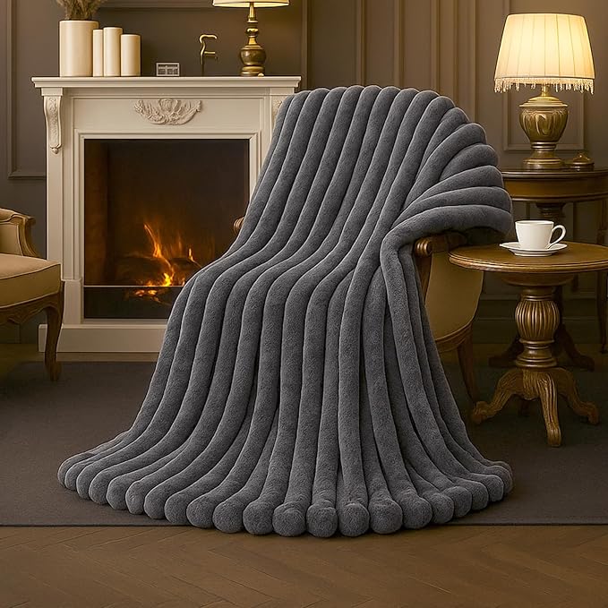 Faux Fur Throw Blanket for Couch, Cozy Fuzzy Fluffy Fur Luxurious Soft Striped Plush Gift Blankets for Family Sofa Chair Bedroom, 55"x70", Charcoal Grey
