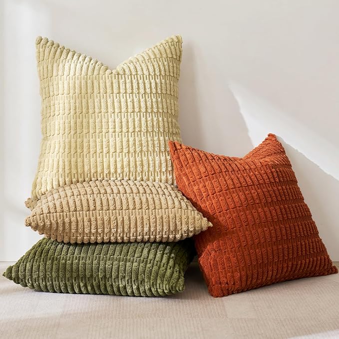 MIULEE Pack of 4 Corduroy Decorative Throw Pillow Covers 18x18 Brown Green | Boho Farmhouse Modern Retro Soft Striped Pillow Covers,Home Decor for Sofa Living Room,Couch,Bed