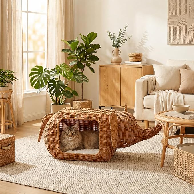 MUTTROS Elephant Cat Condo Bed, Woven Cat House | Indoor cat homes; Cats, small dogs and rabbits; Designed for large cats