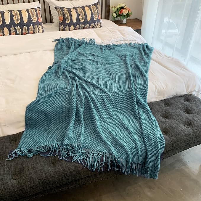 LOMAO Knitted Throw Blanket with Tassels Bubble Textured Lightweight Throws for Couch Cover Home Decor (Teal, 60x80)