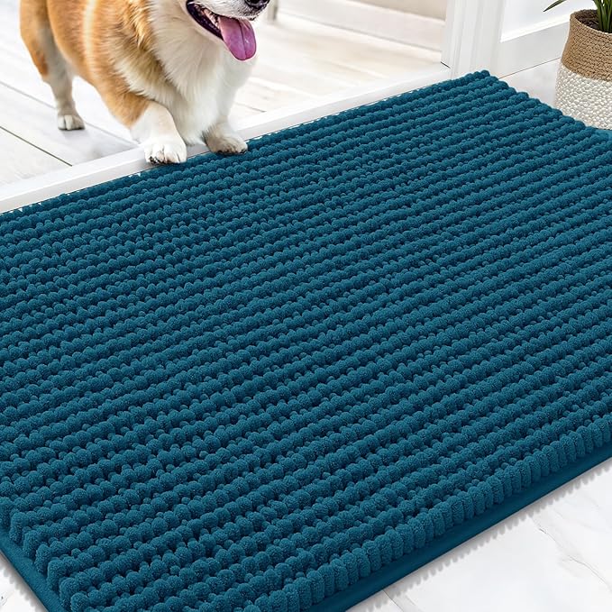 OLANLY Dog Door Mat for Muddy Paws 34x21, Extra Absorbent Chenille Mud Mat | Atlantic Blue, Absorbs Moisture and Dirt, Non-Slip Machine Washable Doormat, Quick-Drying Indoor Entryway Floor Mat for Dogs