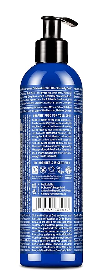 Dr Bronner's Organic Peppermint Hand and Body Lotion, Made with Organic Oils, Used for Face and Body, Certified Fair Trade & Vegan Friendly, 236ml Recycled Bottle