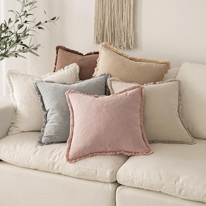 MIULEE Boho Linen Fringe Decorative Throw Pillow Covers Light Pink 20x20 | Set of 2, Cottagecore Decor, Boho Farmhouse Neutral Pillow Covers, Rustic Couch Cushion Cases for Sofa Bed Living Room