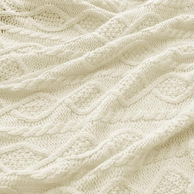 Homiest Cream White Cable Knit Throw Blanket Set of 3, with 2 Pillow Covers | Pure Acrylic, Lightweight & Breathable, All-Season Use, Machine Washable, Wrinkle & Fade Resistant, for Couch Bed And Sofa