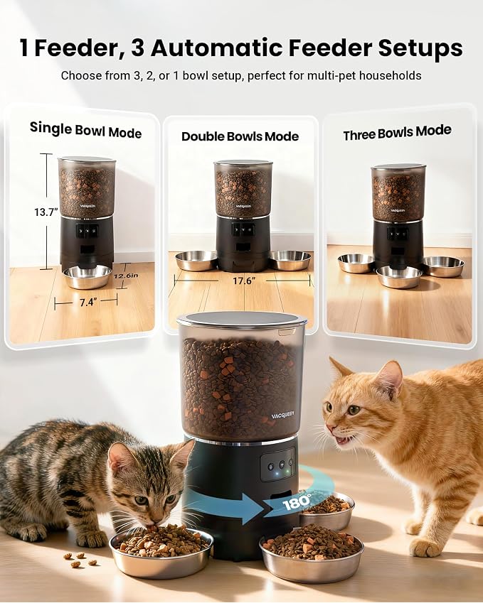 Automatic Cat Feeder for 3 Cats with WiFi Control, Anti-Jam System, 6L | Fresh-Keeping Cat Food Dispenser with Dual-Effect Desiccant System, 10S Voice Recorder for Cats and Small Dogs