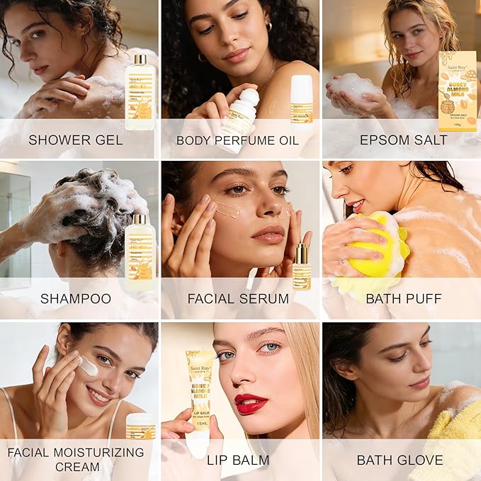 34 Pcs Skin care kit Spa Gift Set for Women & Men, Honey & Almond Milk Bath & Body Gift Basket, Face Skin Care Kit with Shower Gel, Self-Care Manicure, Birthday, Christmas, Mother Day, Anniversary