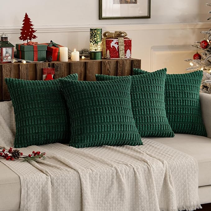 MIULEE Pack of 4 Christmas Corduroy Throw Pillow Covers 18x18 Dark Green | Neutral Rustic Farmhouse Boho Soft Striped Pillow Covers,Home Decor for Sofa,Living Room,Couch,Bed