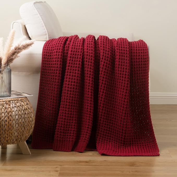Red Throw Blanket for Couch, Soft Cozy Knit Waffle Throw Blanket 50"x60" | Chunky Chenille Throw Blanket, Decorative Christmas Throw Blanket for Bed Sofa Gifts,Modern Farmhouse Knitted Style