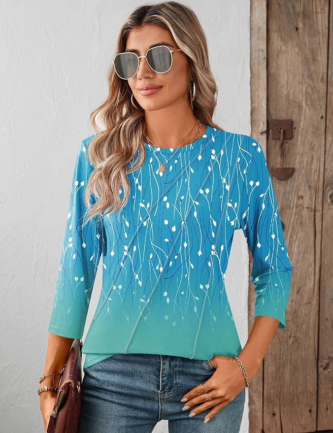 LOMON 3/4 Length Sleeve Womens Tops Spring Summer Fashion 2026 Tops Crew Neck Pleated Shirts Tunic Top Loose Fit