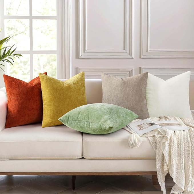 decorUhome Soft Chenille Cream White Throw Pillow Covers 20X20 Set of 2 | Decorative Fall Couch Pillow Covers Solid Dyed Accent Modern Farmhouse Neutral Square Pillow Cases for Sofa