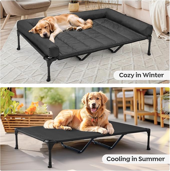 Veehoo Outdoor Elevated Dog Bed with Waterproof Bolster Cushion, Cooling | Raised Dog Bed with Removable & Washable Mat Topper, Breathable Mesh, Dog Couch Cot for Indoor Outdoor, 59", Large, Black