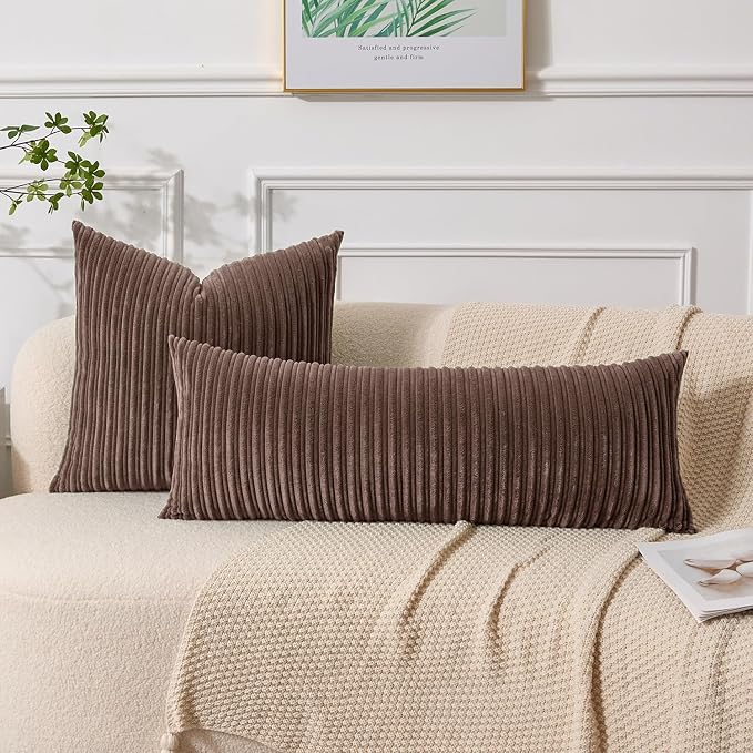 UGASA Fall 14x36 Inch Pillow Cover Pack of 1 Soft Boho Stripe Corduroy Large Long Rectangle Lumbar Cushion Case Farmhouse Decorative Throw Pilowcase for Bed, Couch, Sofa, Bedroom, Dark Brown