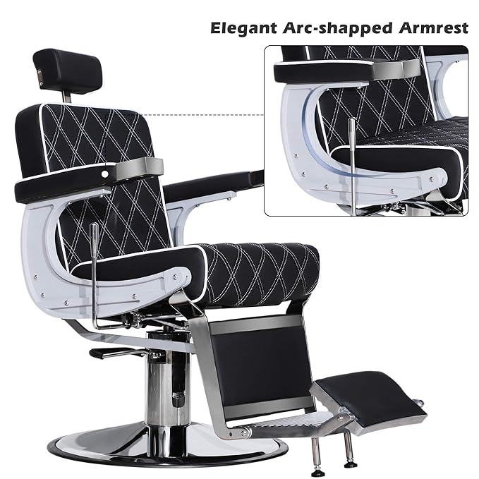 BarberPub Heavy Duty Metal Vintage Barber Chair All Purpose Hydraulic Recline Salon Beauty Spa Shampoo Equipment 3825 (Black with White Stitches)