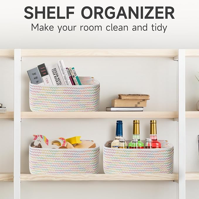 3 Pack Small Storage Baskets for Organizing, 11.8×7.8×5.1", Rainbow | Woven Baskets for shelves, Cotton Rope Basket for Gifts Empty, Closet Organizer Bins with Handles, Cube Decorative Box