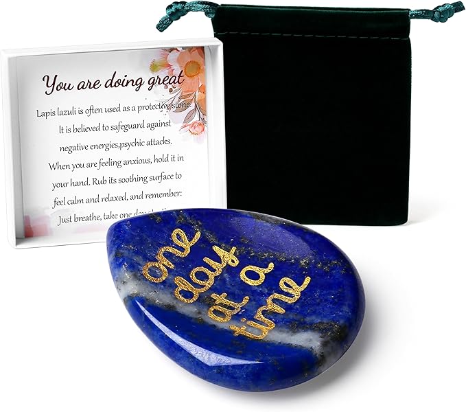 LAIDANLA Worry Stone for Anxiety Lapis Lazuli Healing Crystal Sensory Fidget Thumb Stones Relief Items One Day at A Time Meditation Inspirational Sobriety Thinking of You Gifts for Women Men