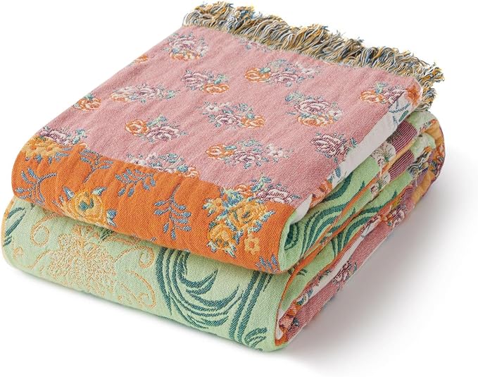 RILIHO 100% Cotton Boho Throw Blanket for Home Decor – Classic Farmhouse Quilt Bedding, Muslin Blankets for Adults, Vintage Woven Decorative Blanket for Couch, Bed Layering Use, Patchwork, 104"x90"