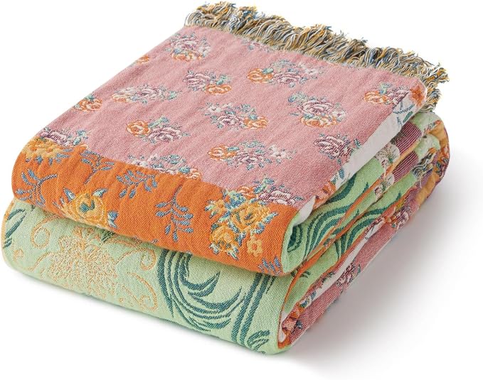 RILIHO 100% Cotton Boho Throw Blanket for Home Decor – Classic Farmhouse Quilt Bedding, Muslin Blankets for Adults, Vintage Woven Decorative Blanket for Couch, Bed Layering Use, Patchwork, 50"x60"
