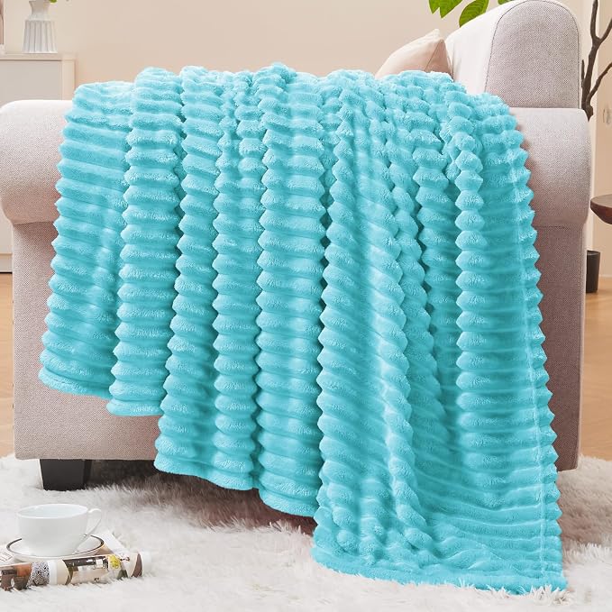BEDELITE Ribbed Jacquard Light Blue Fleece Twin Blanket for Bed, 60x80 Inch | Soft Warm Decorative Fluffy Blanket, Cozy Plush Lightweight Fuzzy Throw Blanket for Couch Sofa Room Decor, Gift for Women