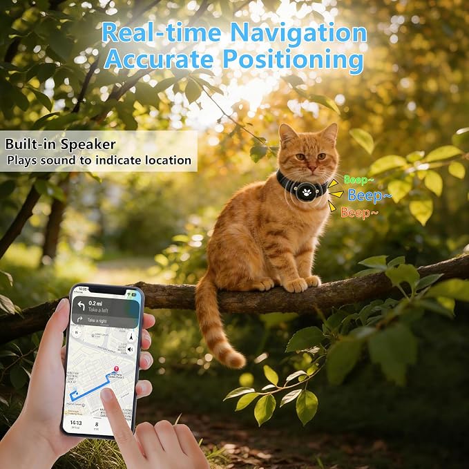2-in-1 GPS Tracker for Cats: Smart Pet Collar with Real-Time Tracking,No Monthly Fee/Subscription (iOS & Android) Waterproof, Anti-Lost,365-Day Long Battery Life GPS Tracker Cat Collar (Black)