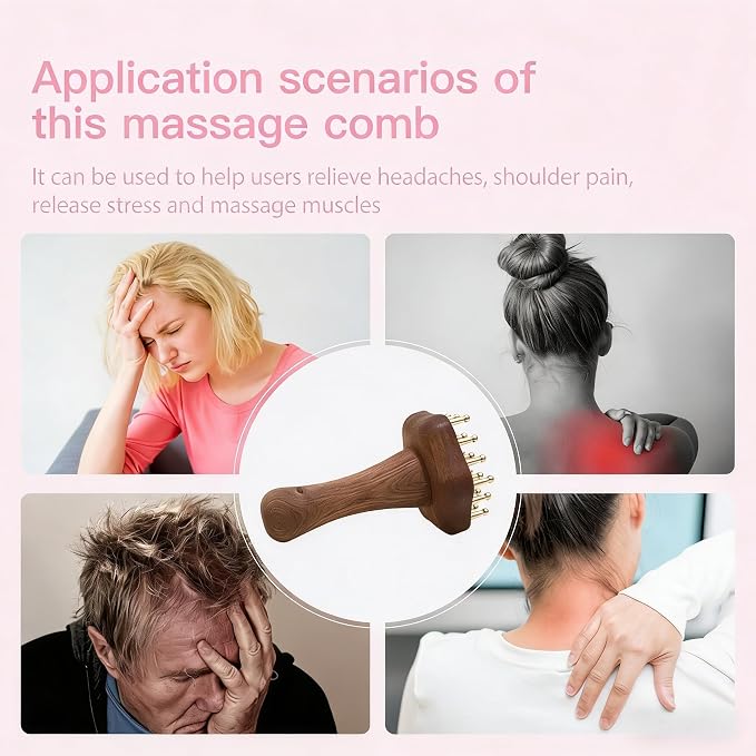 24teeth Copper Head Massage Comb for Body and Scalp Meridian Point Massager Brush for Body and Scalp Relief Body Massage Brush for Cellulite Remover Chinese SPA Gua Sha Tool Wooden Handle
