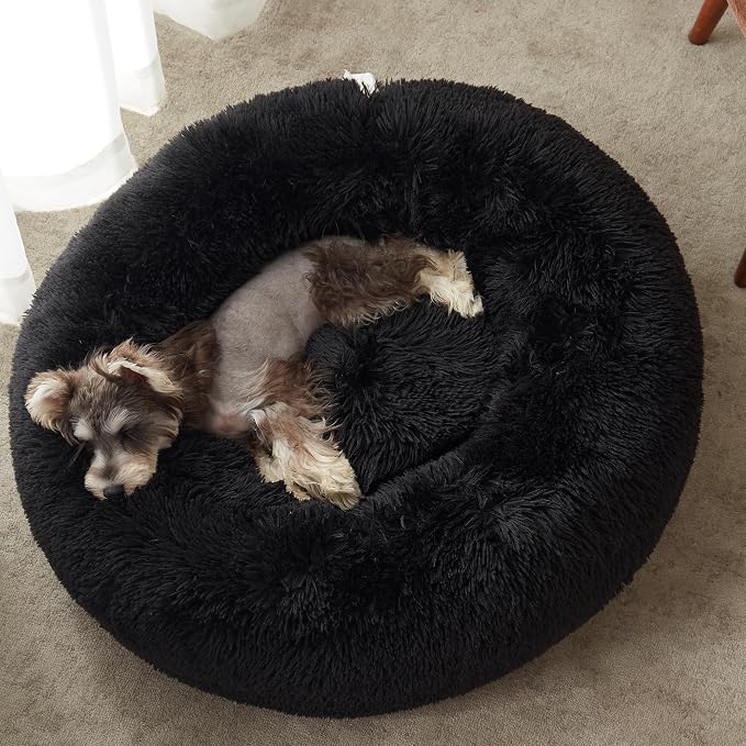 Western Home Calming Donut Small Dog Cat Bed Washable Puppy Bed,24" Black | Fluffy Faux Fur Round Cuddler,Anti-Anxiety,Anti-Slip Bottom,Pet Beds for Puppy&Small Dogs&Large Cat,Up to 25 LBS