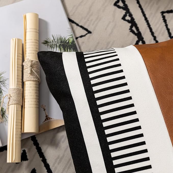Farmhouse Decorative Throw Pillow Cover for Sofa Couch Accent Faux Leather Square Cushion Cover Tribal Stripe Boho Pillow Case 18 x 18 Inch,Black