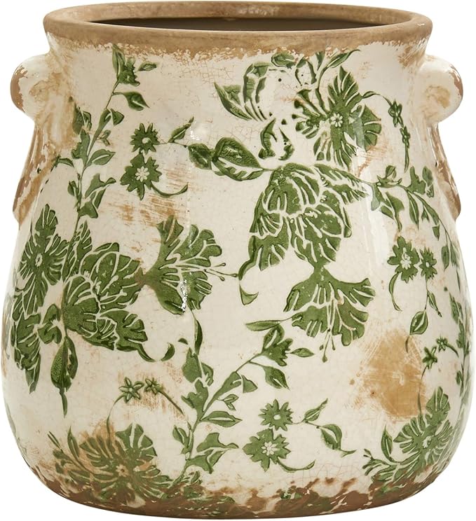 Nearly Natural 6.5 in Tuscan Ceramic Green Floral Scroll Decorative Vase | Quality Ceramic, Indoor Home Decor, Ideal for Centerpieces, Tables, Small Flower Vases