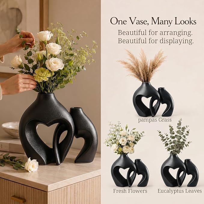 Black Ceramic Flower Vases Home Decor Heart Shaped Vase Set of 2 | Nordic Heart Shaped Vases Minimalist Decorative Vase for Table Centerpiece Wedding Dining Living Room Office House Decoration