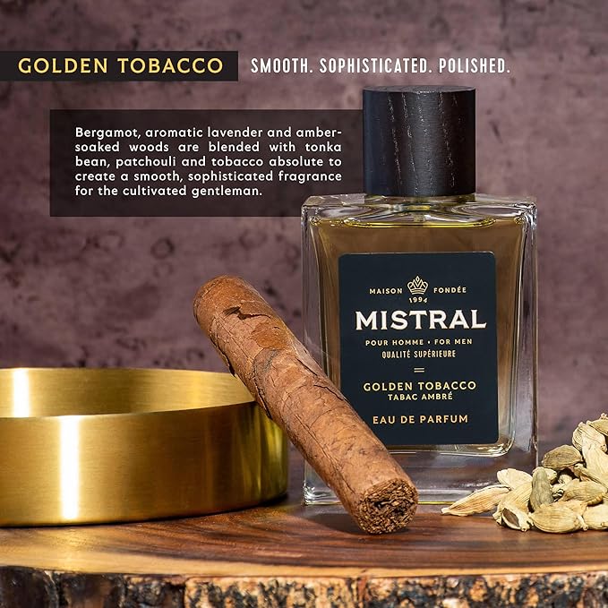 Mistral Men’s Cologne – Golden Tobacco Eau de Parfum | Warm & Aromatic Perfume For Men with Bergamot, Tonka Bean & Cashmere Wood | Cruelty-Free & Long-Lasting Cologne for Men, Made in France - 3.4 Oz