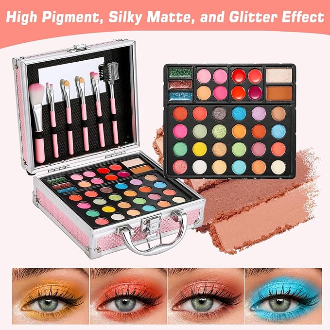 Anpro All-In-One Makeup Kit for Girls 10-12 with Case, Pro Teen Makeup Set, Tween Makeup Kit, Full Starter Make Up Kit with Brushes, Eyeshadow Palette, Blushes, Glitter Gel, Temporary Tattoo Stickers