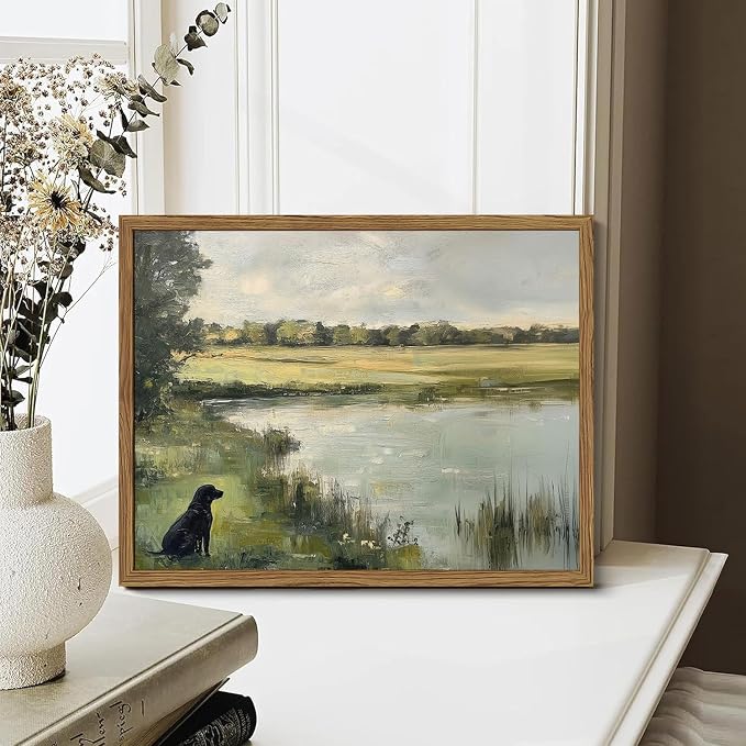 Framed Vintage Hunting Black Dog Wall Art, Rustic Country Nature Landscape Pictures Wall Decor, Farmhouse Animal Paintings Canvas Prints Aesthetic Home Decor for Living Room Bedroom 16x24 inch